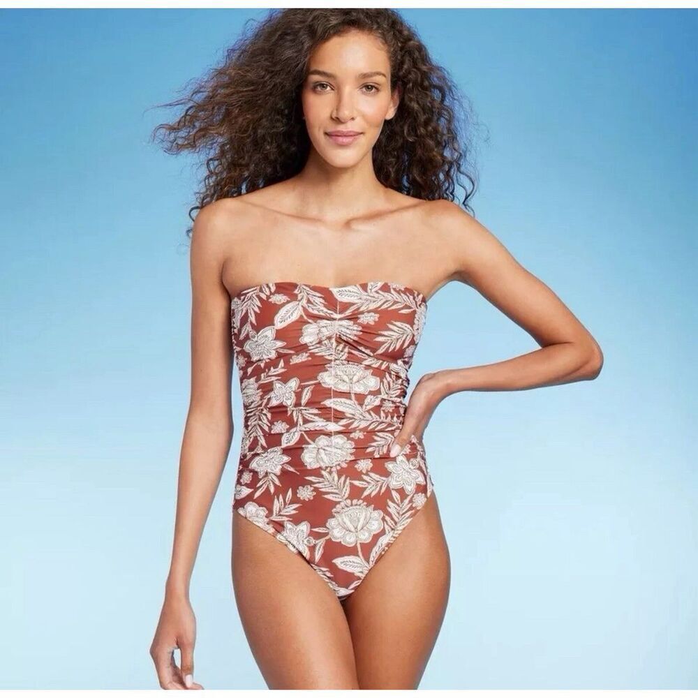 Shade & Shore Women's Bandeau‎ One Piece Swimsuit Swim Brown Floral NWT L 12 14
